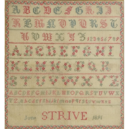 131B - Late Victorian needlework alphabet sampler dated June 1891 within a maple frame with inner gilt slip... 