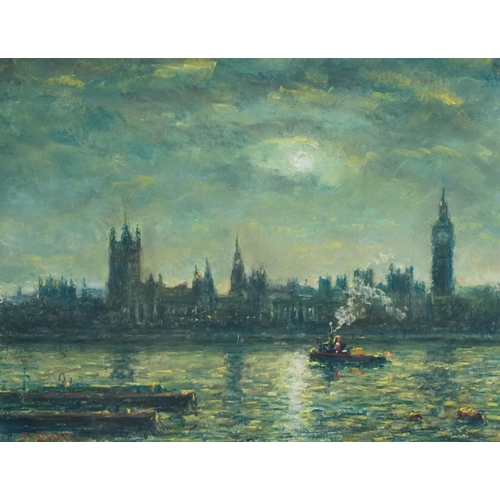 3636 - Peter Coombs - A view of the Palace of Westminster from the Thames, 19th century British school oil ... 