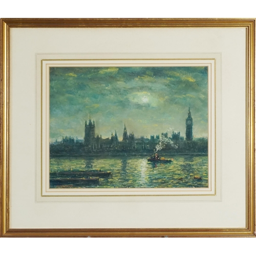 3636 - Peter Coombs - A view of the Palace of Westminster from the Thames, 19th century British school oil ... 