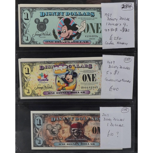 2230 - Vintage banknotes to include three experimental test die 1 banknotes, two Mickey Mouse Disney dollar... 