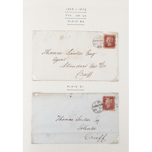 2258 - Blue stamps album containing Penny Reds on cover with various plate numbers, two Two Penny Blues on ... 