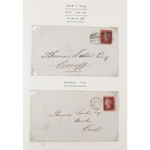 2258 - Blue stamps album containing Penny Reds on cover with various plate numbers, two Two Penny Blues on ... 