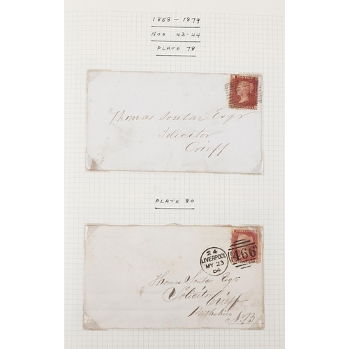 2258 - Blue stamps album containing Penny Reds on cover with various plate numbers, two Two Penny Blues on ... 