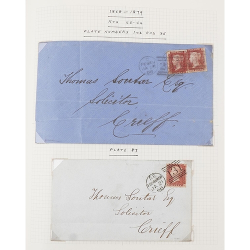 2258 - Blue stamps album containing Penny Reds on cover with various plate numbers, two Two Penny Blues on ... 