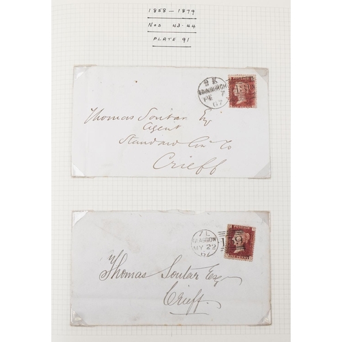 2258 - Blue stamps album containing Penny Reds on cover with various plate numbers, two Two Penny Blues on ... 