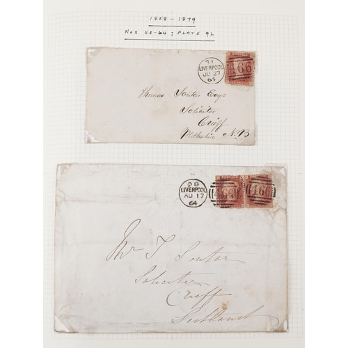 2258 - Blue stamps album containing Penny Reds on cover with various plate numbers, two Two Penny Blues on ... 