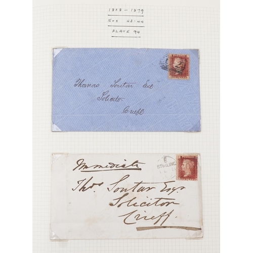 2258 - Blue stamps album containing Penny Reds on cover with various plate numbers, two Two Penny Blues on ... 