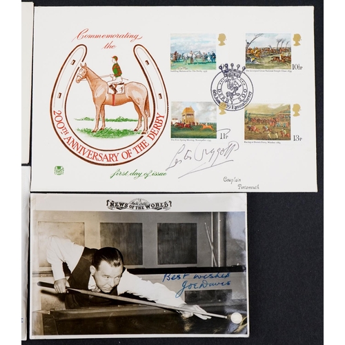 2393 - Three commemorative stamp covers, each signed to include racing driver Juan Manuel Fangio, a Lester ... 