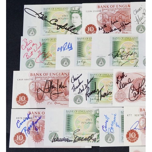 2226 - Collection of Bank of England one pound and ten shilling banknotes, each signed by popular singers, ... 