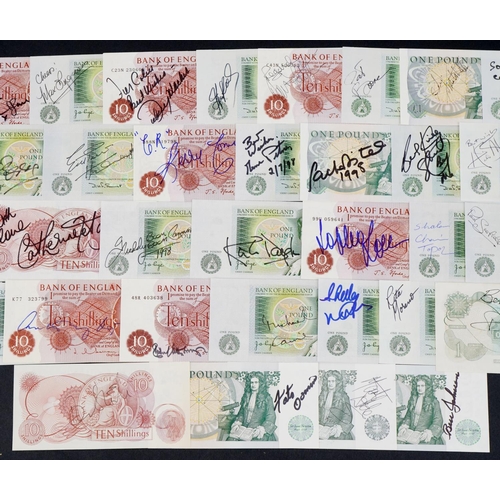 2226 - Collection of Bank of England one pound and ten shilling banknotes, each signed by popular singers, ... 