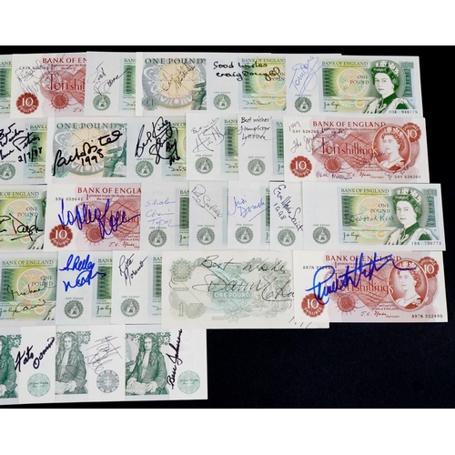 2226 - Collection of Bank of England one pound and ten shilling banknotes, each signed by popular singers, ... 