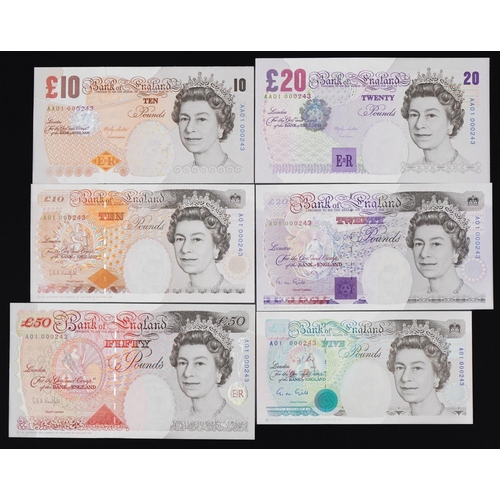 2228 - Uncirculated set of British banknotes comprising five pounds, ten pounds, twenty pounds and fifty po... 