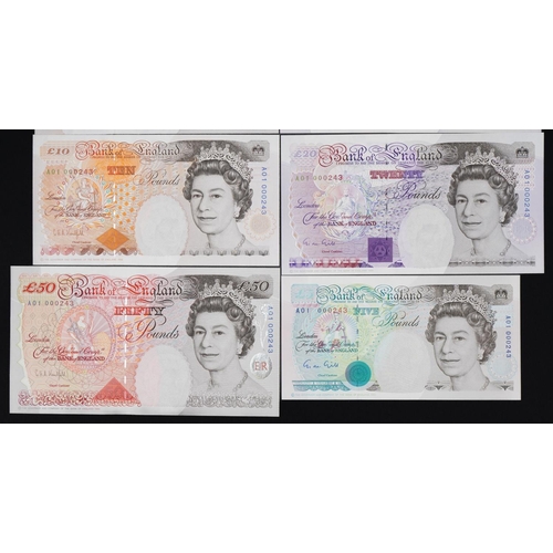 2228 - Uncirculated set of British banknotes comprising five pounds, ten pounds, twenty pounds and fifty po... 