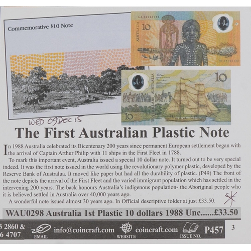 2227 - Selection of uncirculated banknotes comprising first Australian plastic note, 1988 ten dollar note, ... 