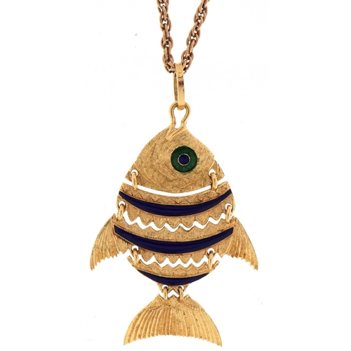 3003 - 18ct gold and enamel articulated fish pendant on a broken unmarked gold necklace, tests as 9ct gold,... 