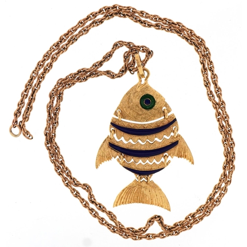 3003 - 18ct gold and enamel articulated fish pendant on a broken unmarked gold necklace, tests as 9ct gold,... 