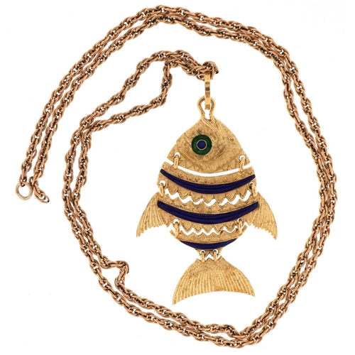 3003 - 18ct gold and enamel articulated fish pendant on a broken unmarked gold necklace, tests as 9ct gold,... 