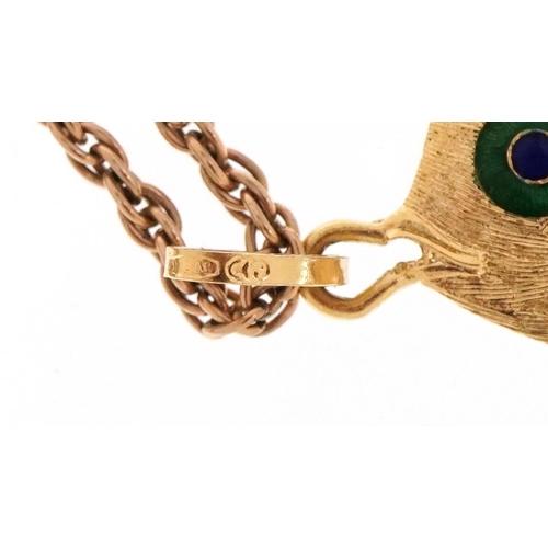 3003 - 18ct gold and enamel articulated fish pendant on a broken unmarked gold necklace, tests as 9ct gold,... 