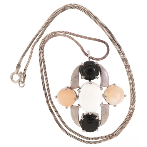 3141 - Modernist silver pendant on a silver necklace set with cabochon white, pink and black moonstones, 4c... 