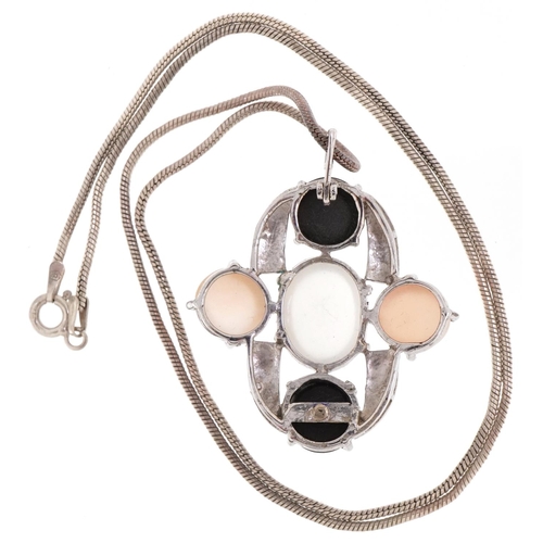 3141 - Modernist silver pendant on a silver necklace set with cabochon white, pink and black moonstones, 4c... 