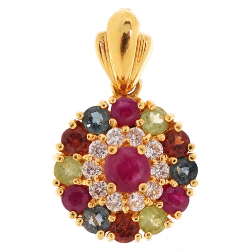 3315 - Silver gilt multi gem pendant set with semi precious stones including rubies, topaz and peridot, 2.5... 