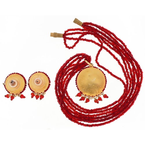 3213 - Indian yellow metal and Thewa work necklace with matching earrings, the necklace 36cm in length