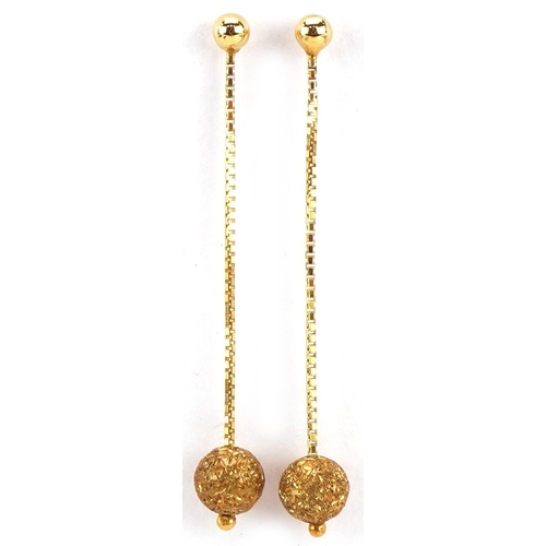 3182 - Pair of 9ct gold ball on a chain drop earrings, 4.2cm high, total 1.6g