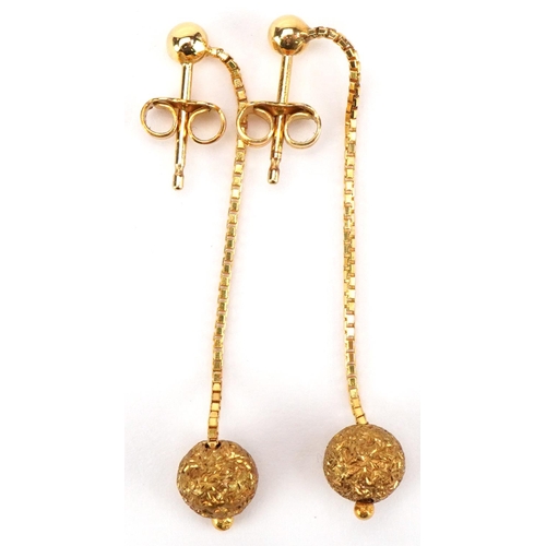 3182 - Pair of 9ct gold ball on a chain drop earrings, 4.2cm high, total 1.6g