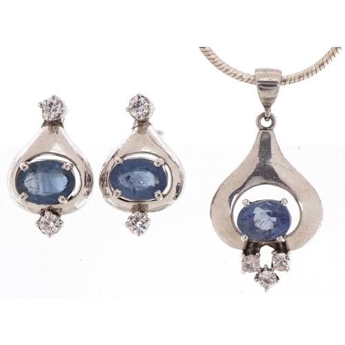 3218 - Silver sapphire and white topaz cluster pendant on chain and matching earrings with screw backs, the... 