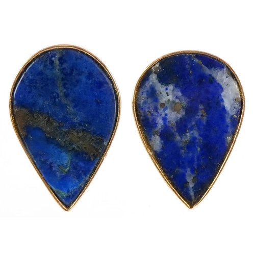 3224 - Pair of unmarked gold lapis lazuli teardrop earrings with screw backs and a polished lapis lazuli be... 