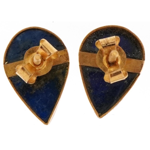 3224 - Pair of unmarked gold lapis lazuli teardrop earrings with screw backs and a polished lapis lazuli be... 