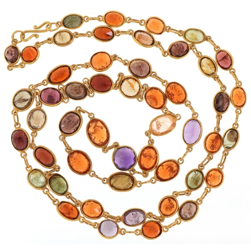 3300 - Yellow metal multi gem necklace and matching earrings set with semi precious stones including garnet... 