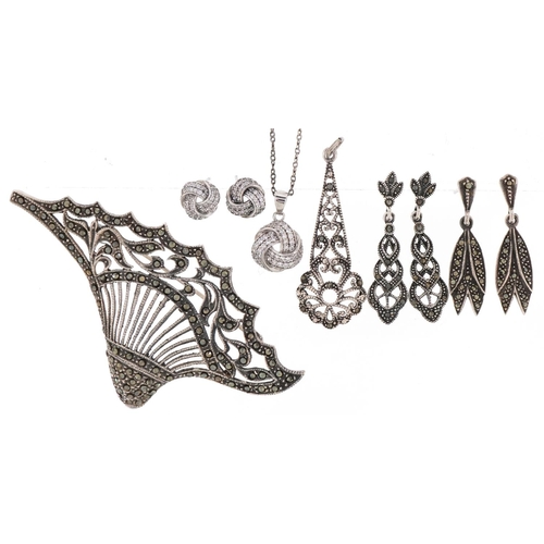 3340 - Silver jewellery including silver pendant on chain set with clear stones and matching earrings house... 