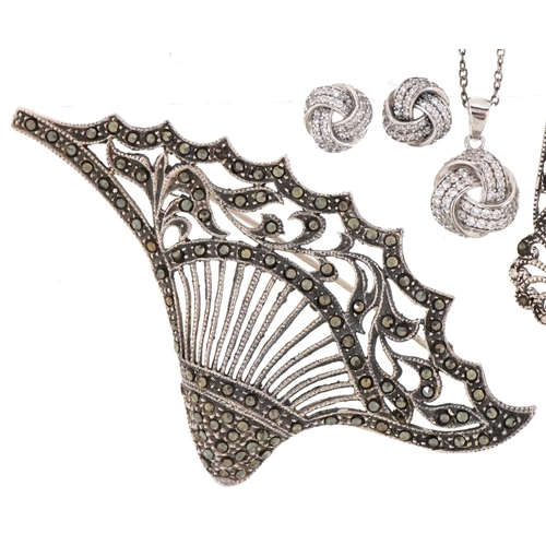 3340 - Silver jewellery including silver pendant on chain set with clear stones and matching earrings house... 