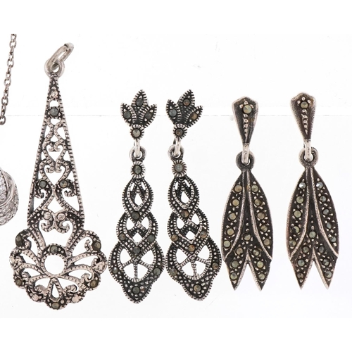 3340 - Silver jewellery including silver pendant on chain set with clear stones and matching earrings house... 