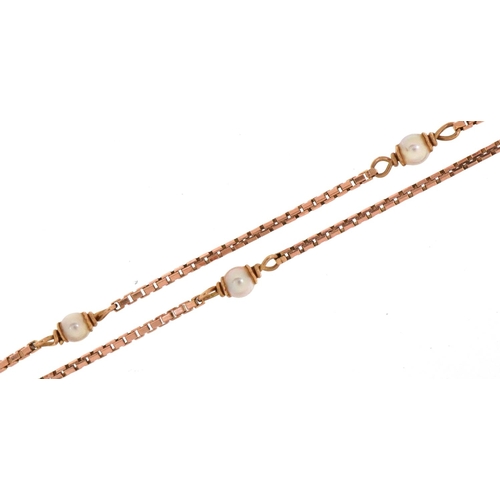 3044 - 9ct gold box link and cultured pearl necklace, 48cm in length, 4.3g