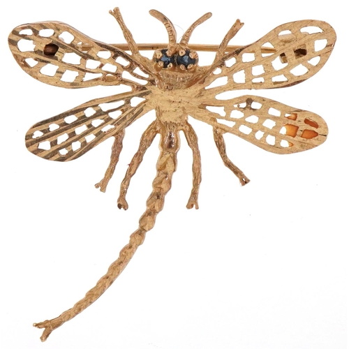 3045 - 9ct gold brooch in the form of a dragonfly with blue spinel eyes, 4.5cm high, 4.5g