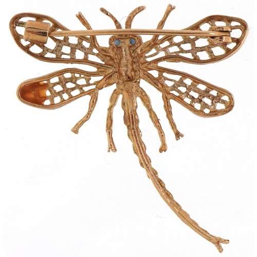 3045 - 9ct gold brooch in the form of a dragonfly with blue spinel eyes, 4.5cm high, 4.5g