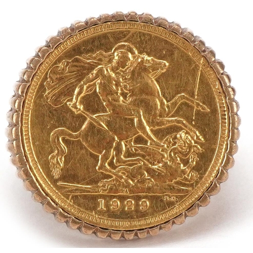 3008 - George V 1929 gold sovereign, South Africa Mint, housed in an unmarked gold ring mount, size U, 17.8... 