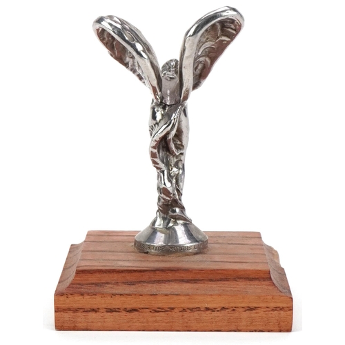 2459 - Rolls Royce Motors Limited cast metal Spirit of Ecstasy mounted on a later square wooden base, overa... 