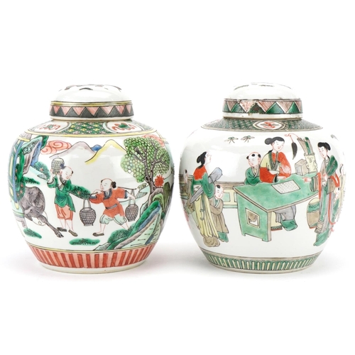 99 - Two Chinese porcelain ginger jars and covers, 20th century, each decorated with figures within lands... 