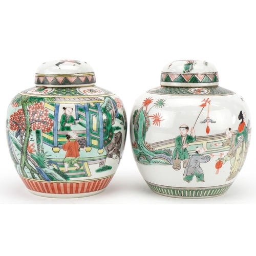 99 - Two Chinese porcelain ginger jars and covers, 20th century, each decorated with figures within lands... 