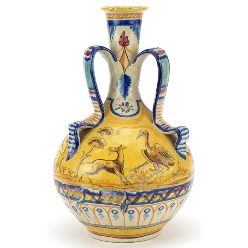 117 - Italian Cantigalli Majolica three handled vase, 19th century, with polychrome decoration, decorated ... 