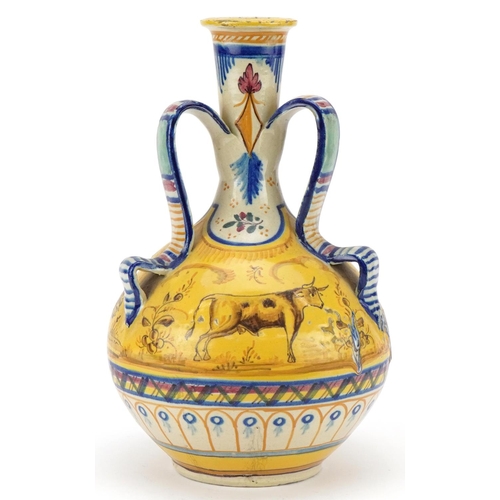 117 - Italian Cantigalli Majolica three handled vase, 19th century, with polychrome decoration, decorated ... 