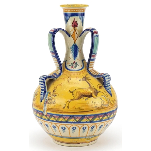 117 - Italian Cantigalli Majolica three handled vase, 19th century, with polychrome decoration, decorated ... 