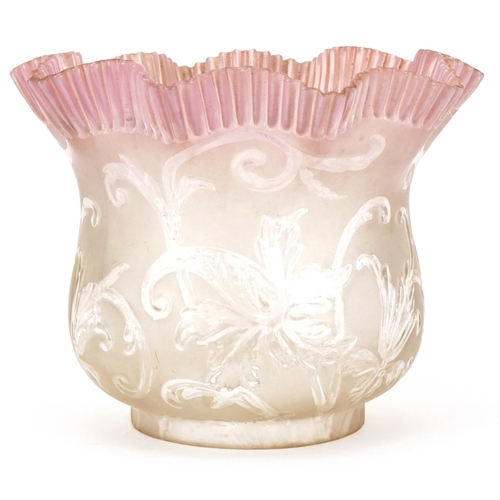 313 - Victorian pink glass oil lamp shade with frilled edge and moulded floral decoration, 16cm high x 20c... 