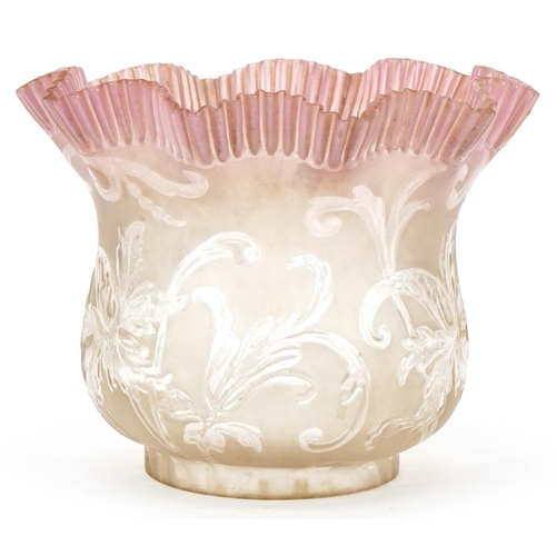 313 - Victorian pink glass oil lamp shade with frilled edge and moulded floral decoration, 16cm high x 20c... 