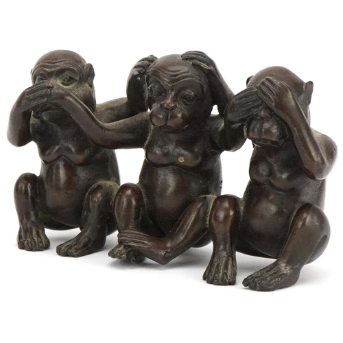 364 - Chinese brown patinated bronze figure group of the Three Wise Monkeys, 20th century, 5.5cm high x 10... 