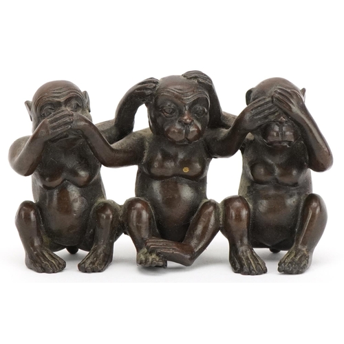 364 - Chinese brown patinated bronze figure group of the Three Wise Monkeys, 20th century, 5.5cm high x 10... 