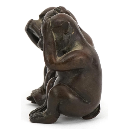 364 - Chinese brown patinated bronze figure group of the Three Wise Monkeys, 20th century, 5.5cm high x 10... 